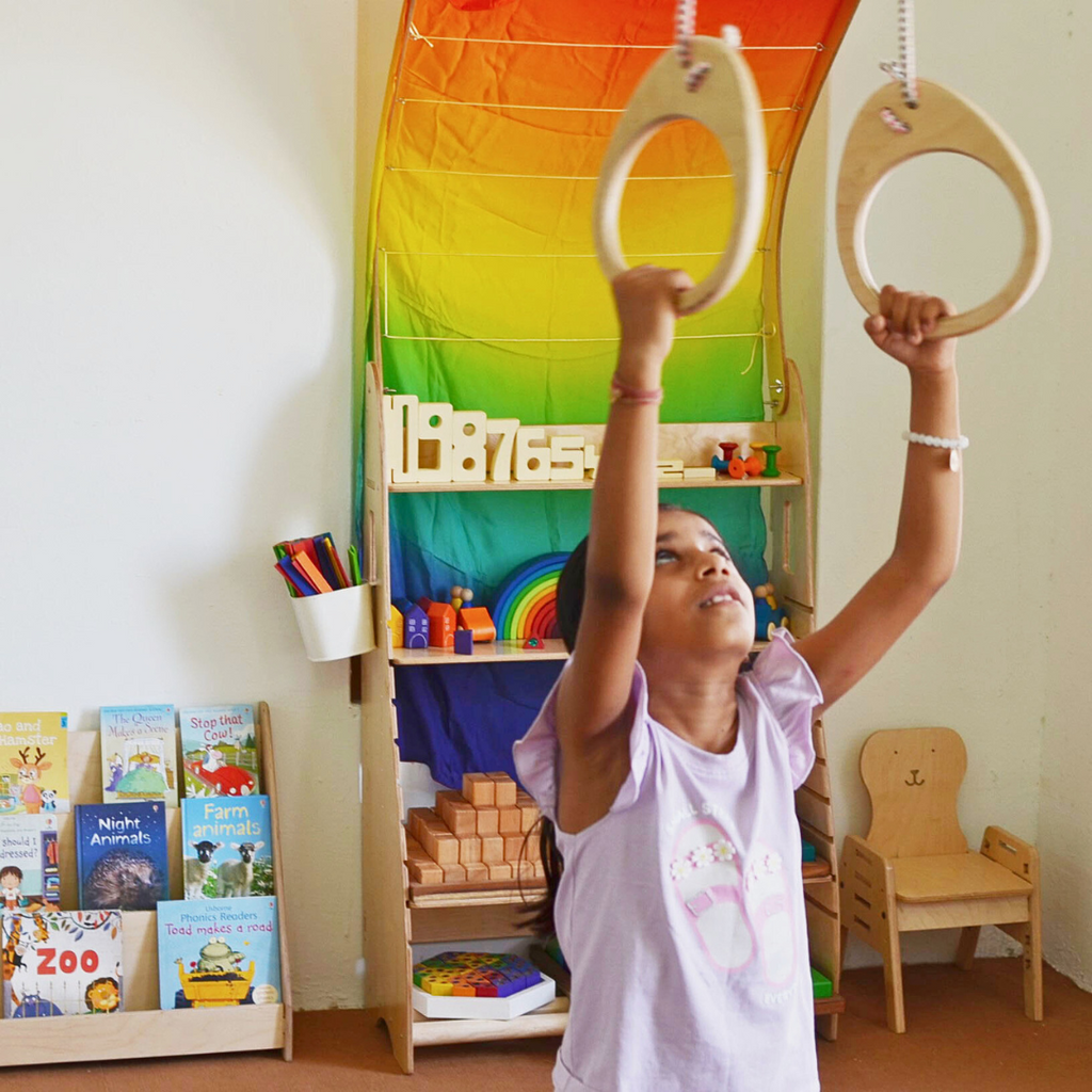 FitBuds Gym Rings – Adjustable wooden gymnastics rings for kids, perfect for strength training and fun.